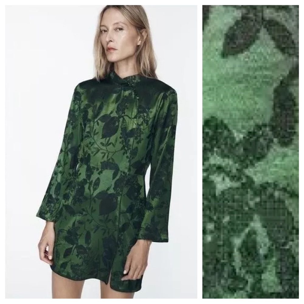 NWT. Zara Green Jacquard High Collar Mini Dress. Size L.